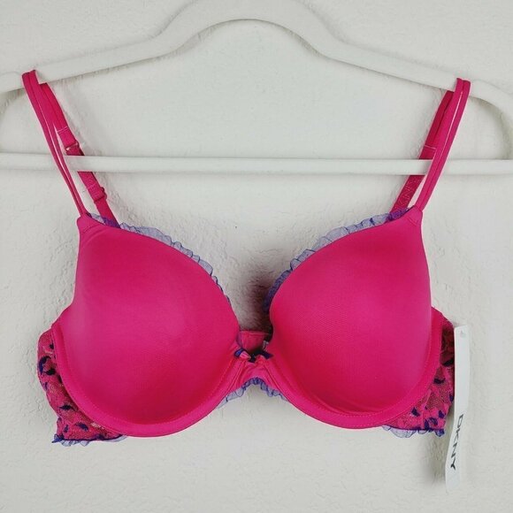 DKNY Push Up Bra Pink With Purple Ruffled Mesh Lace 36B NWT Padded Underwire - Picture 2 of 11